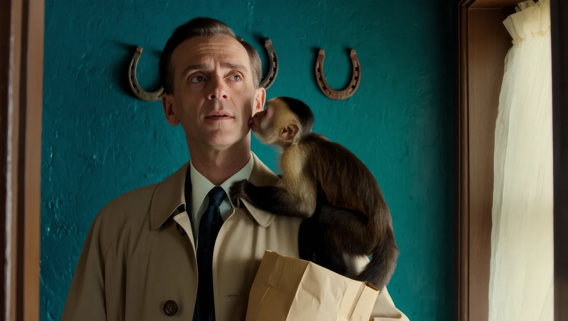 Man with a monkey against a teal wall